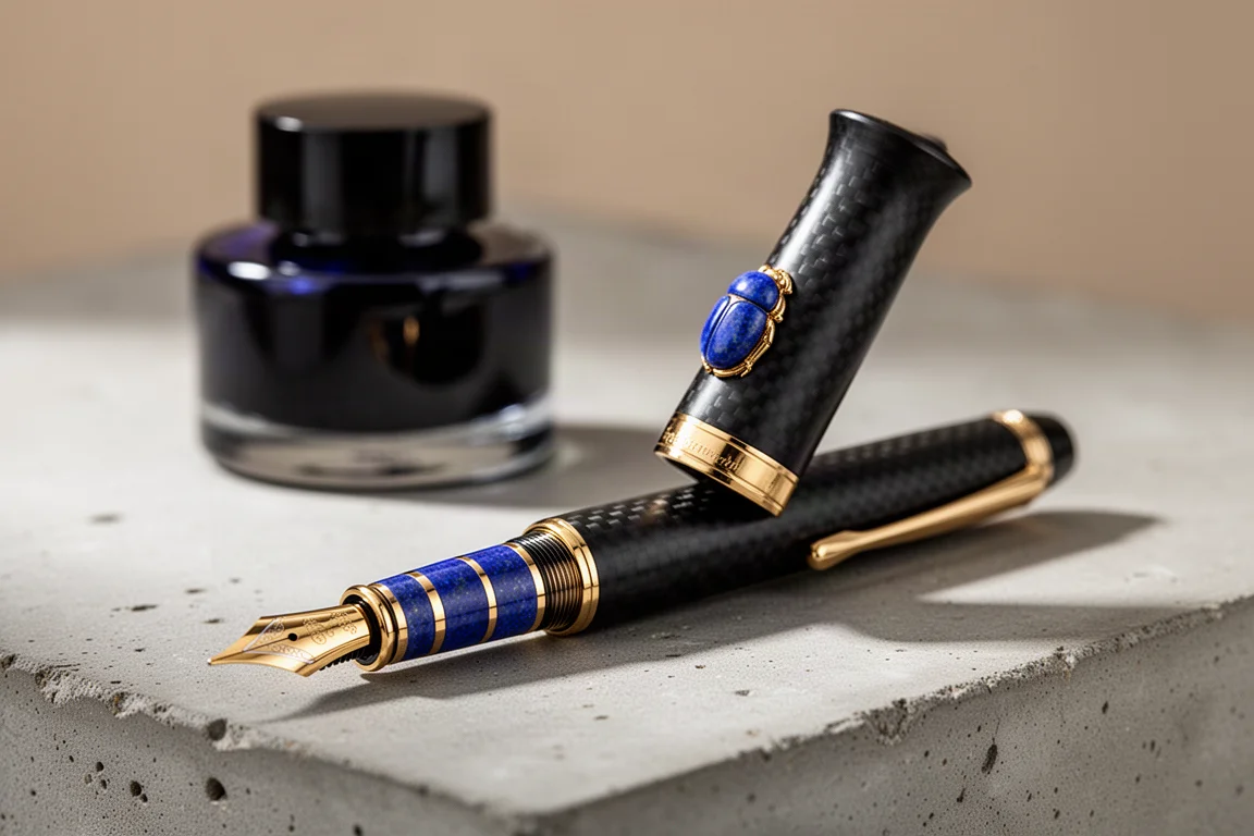Lussuosa penna stilografica nera opaca con sezione oro e blu accanto a un calamaio blu scuro