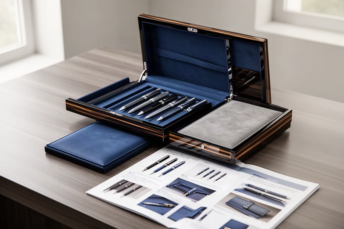 Piano lacquer presentation box with pen tray and documentation laid open