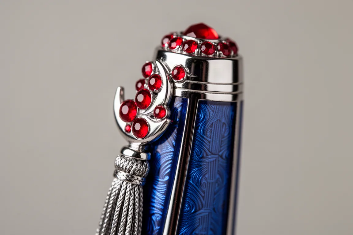 Close-up of ruby cabochons and crescent moon detail on a fountain pen cap