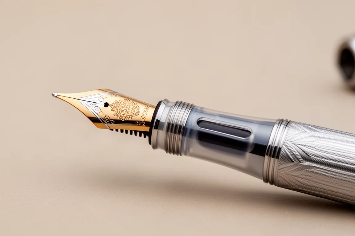 Two-toned 18 karat gold nib visible under a removed fountain pen cap