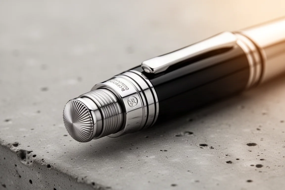 Piston knob with platinum-plated metal and grip grooves at the back of a pen