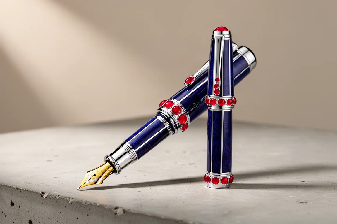 Luxury limited edition fountain pen with blue guilloche lacquer and ruby accents on concrete