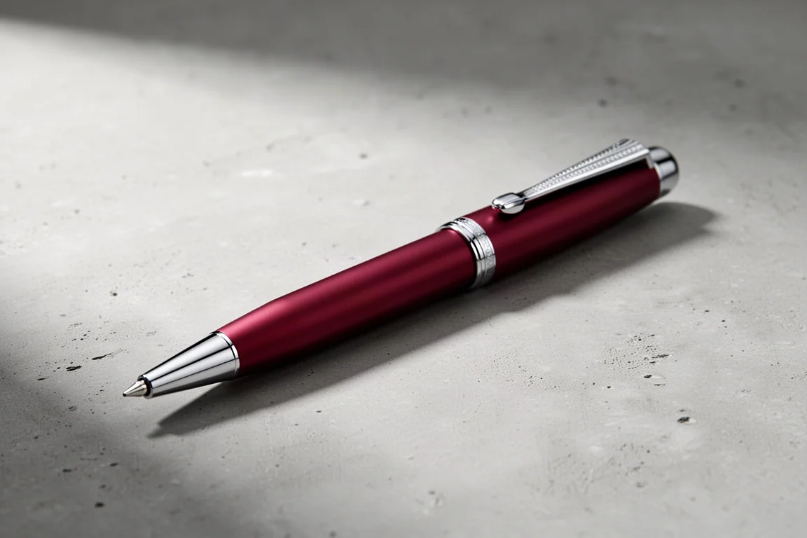 Pennino Graf Von Faber-Castell Tamitio con fusto rosso e berretto cromato su calcestruzzo