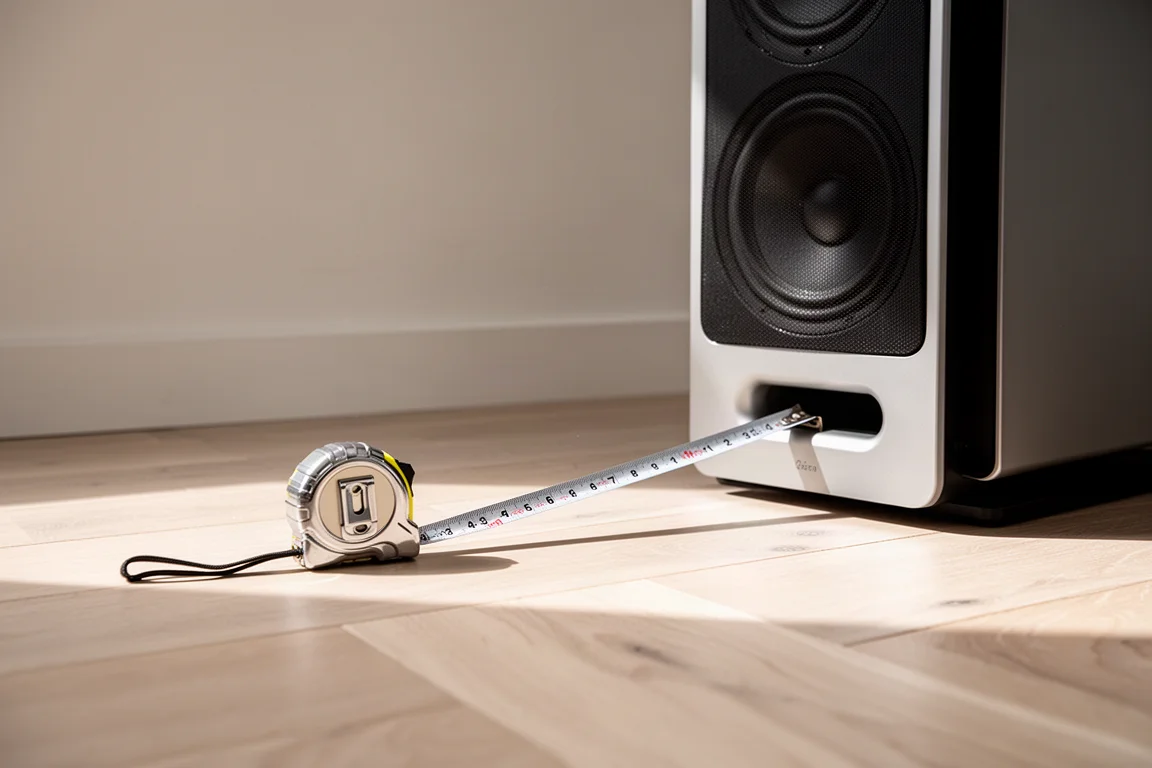 Cinta métrica extendida sobre un suelo de madera entre el frontal de un altavoz y una pared lisa