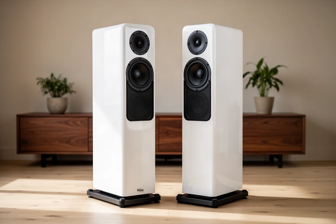 Two slim gloss white floorstanding speakers with black plinths in a minimal listening room