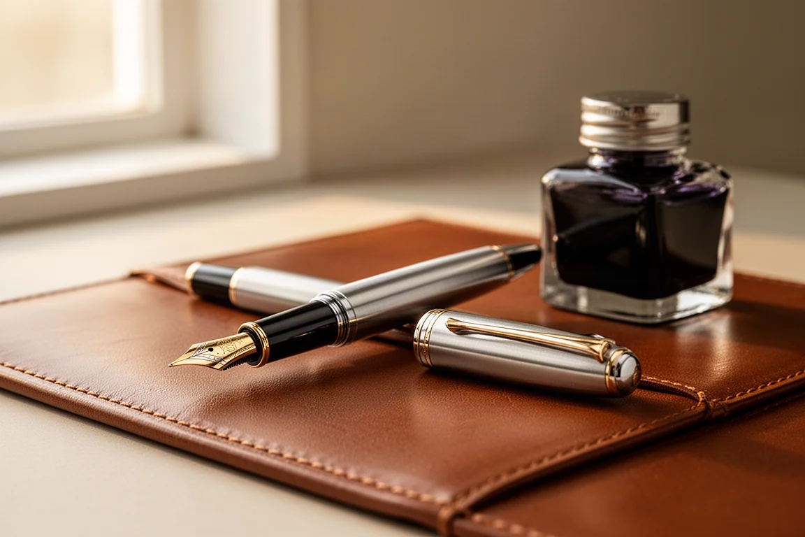 Una estilográfica se destapa sobre un escritorio junto a una botella de tinta