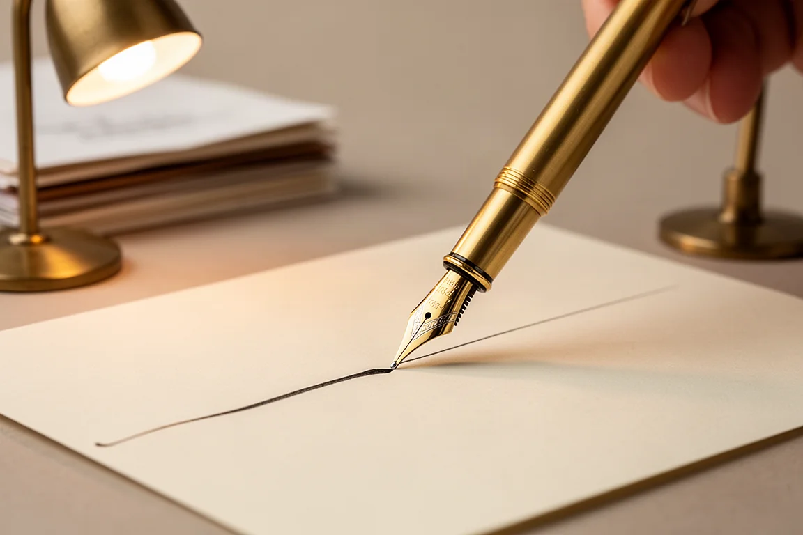 Plumín de estilográfica escribiendo sobre papel crema en un escritorio
