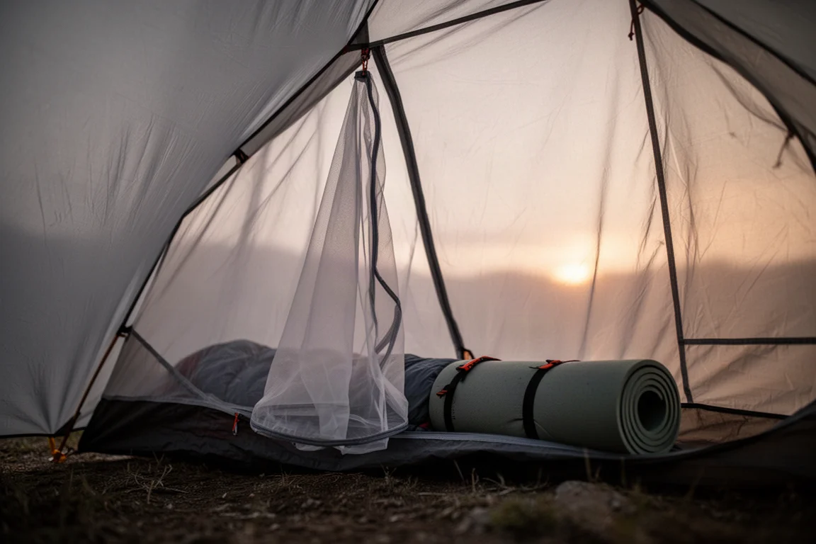 Interior of a lightweight backpacking tent at dusk with the inner mesh close to a sleeping mat