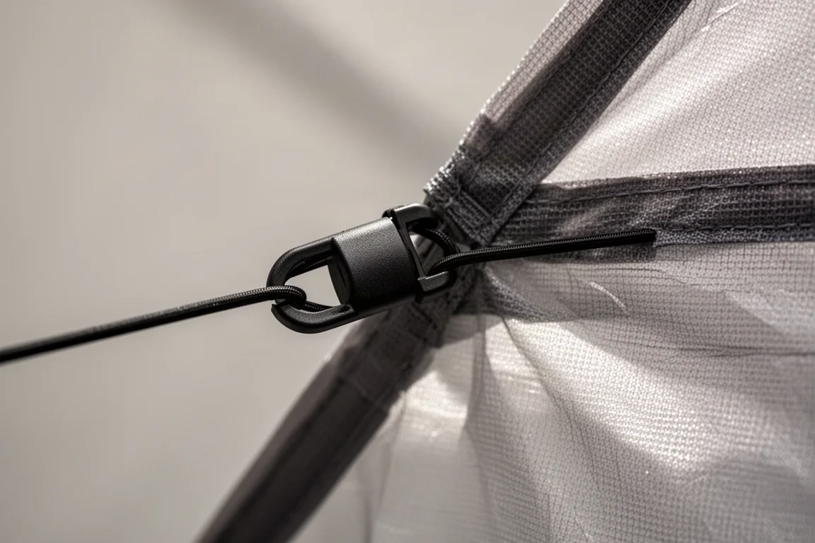 Close-up of a small plastic clip holding tent inner fabric against the fly with a short elastic loop