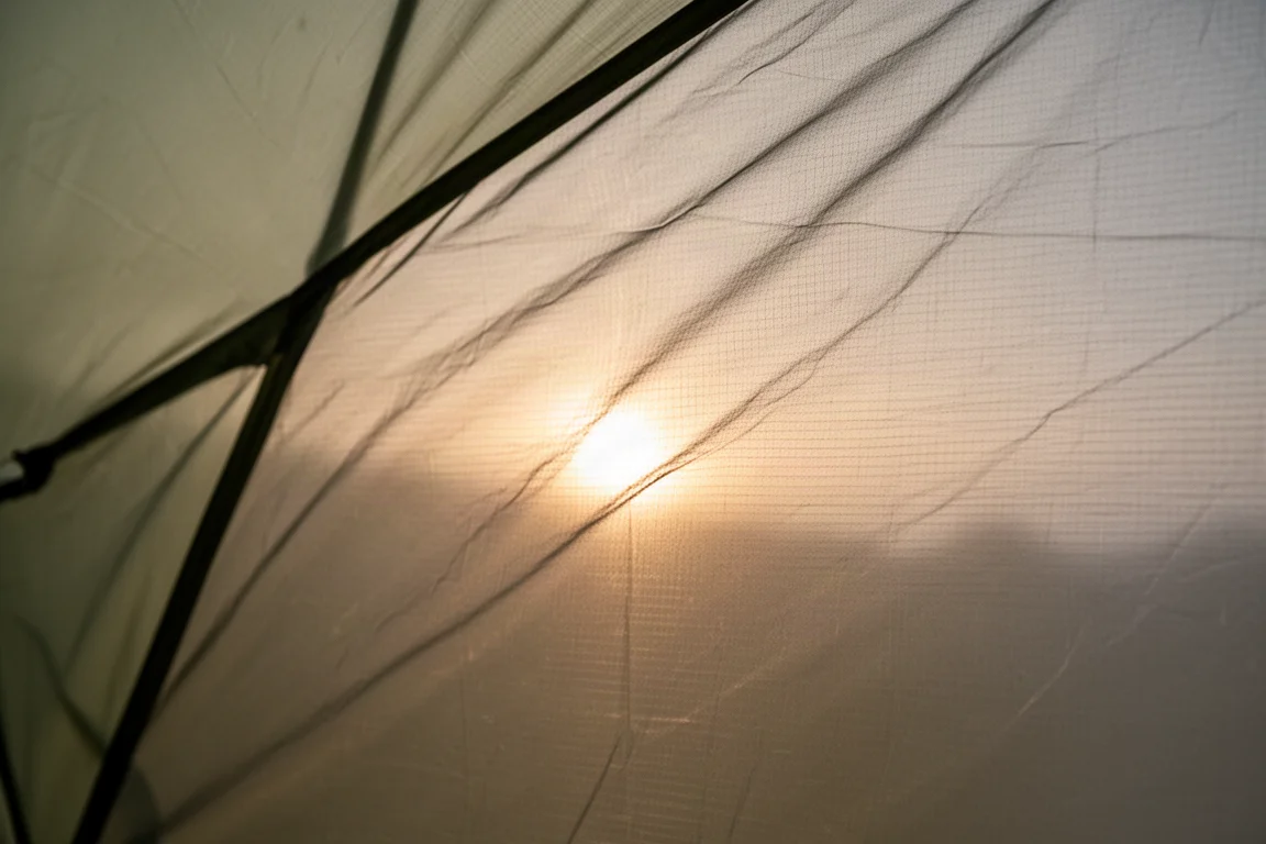 Backlit ultralight tent fly fabric showing how thin the material is