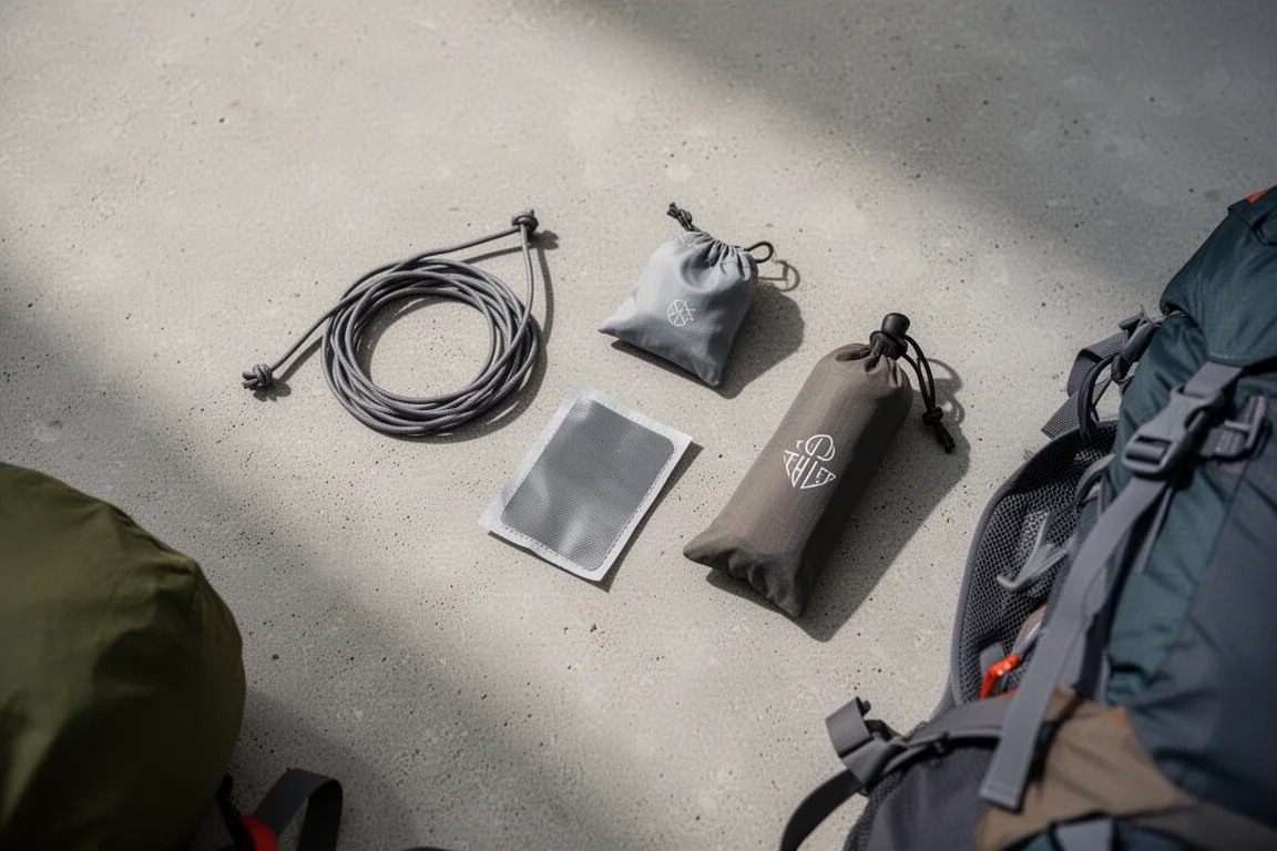 Small ultralight camping accessories laid out on a concrete surface beside a packed rucksack