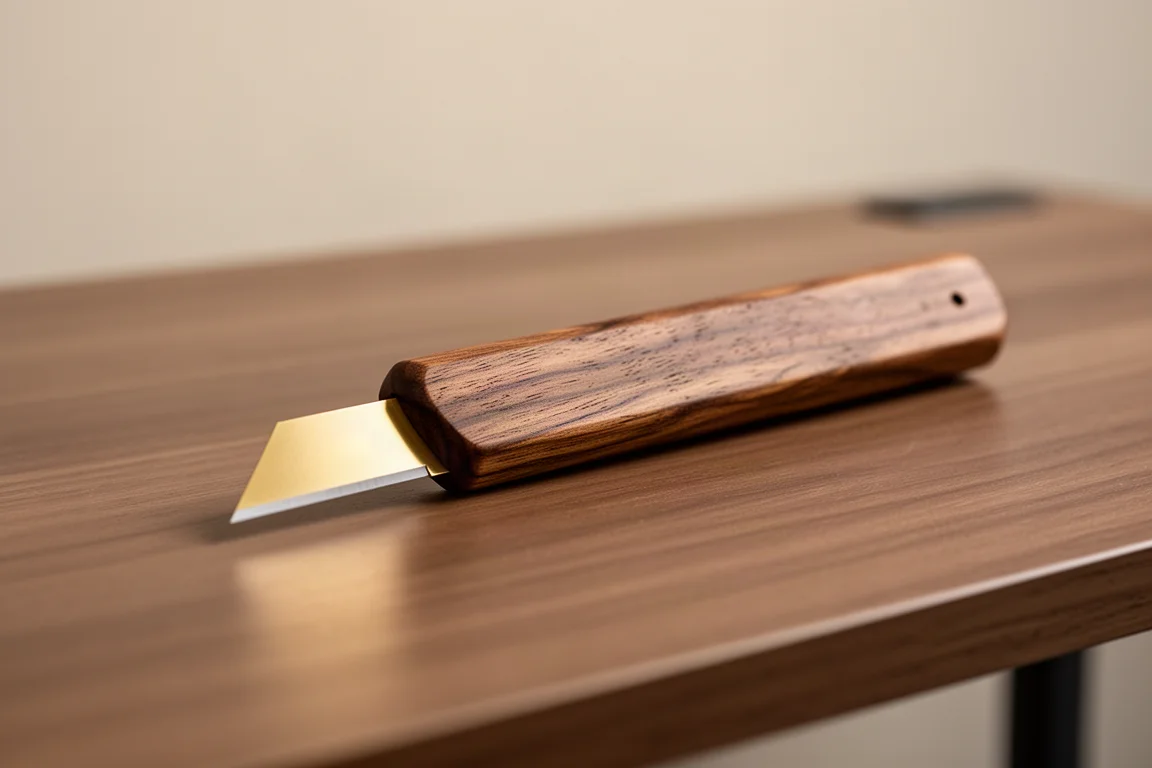 Nahaufnahme eines Cuttermessers aus Holz mit goldfarbener Klinge auf einer Arbeitsfläche