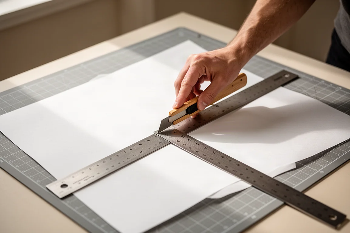 Hände schneiden ein großes Blatt Papier mit einem Cuttermesser aus Holz
