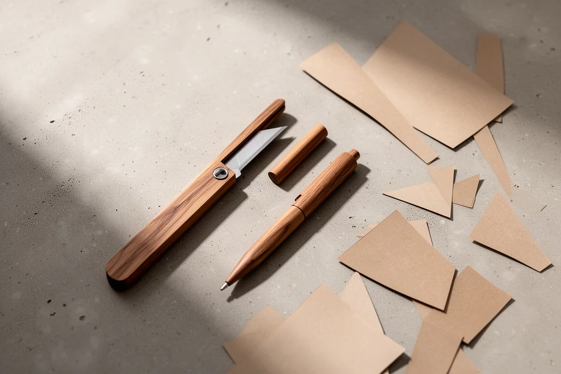 Flat-Lay von Holz-Accessoires für den Schreibtisch auf einer Betonoberfläche