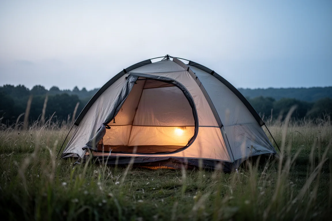 Piccola tenda da campeggio a cupola montata in una radura erbosa al tramonto
