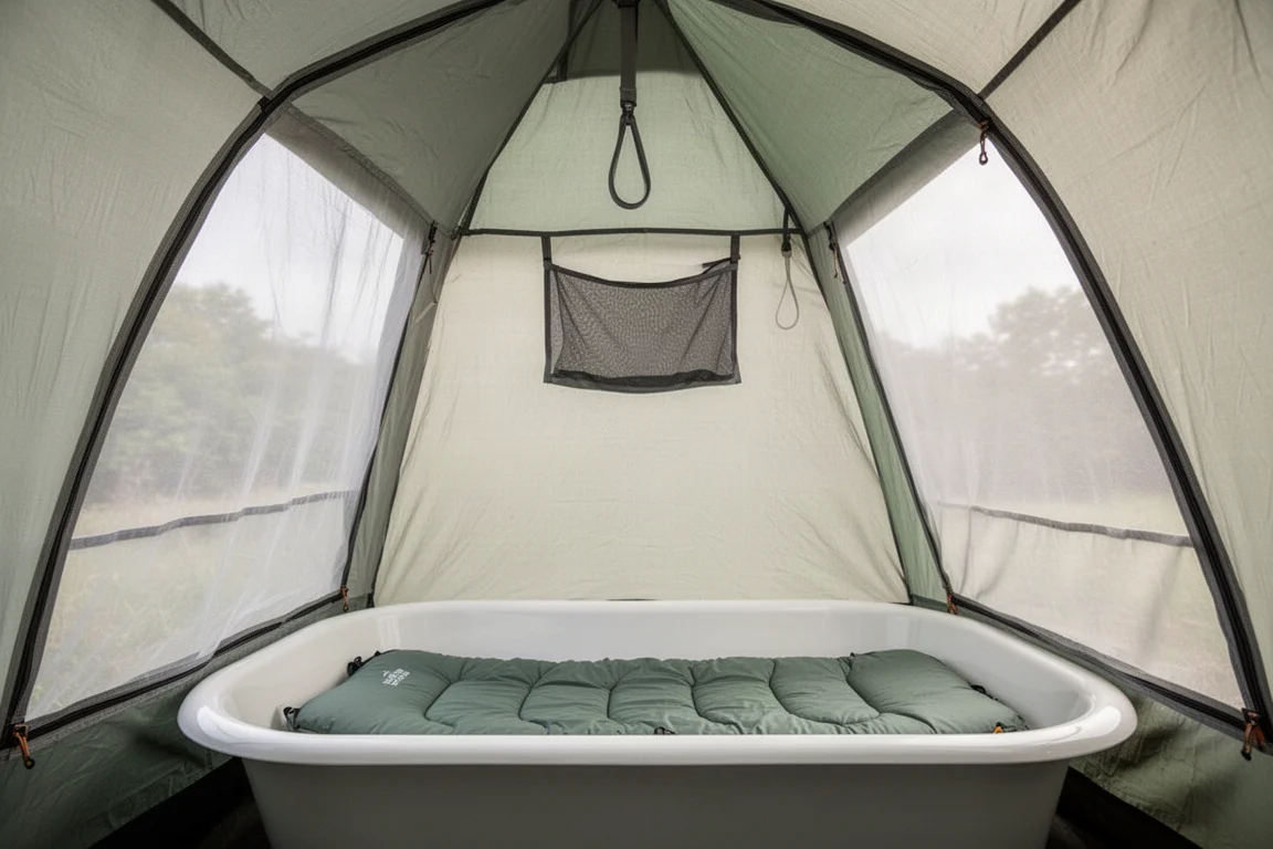 Interno di una piccola tenda a cupola con ampi pannelli in mesh e fondo a vasca