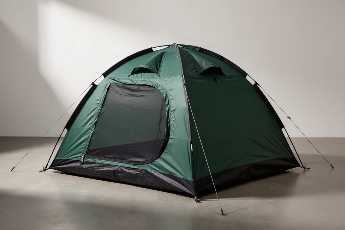 Green and black dome camping tent pitched on a matte concrete surface in studio light
