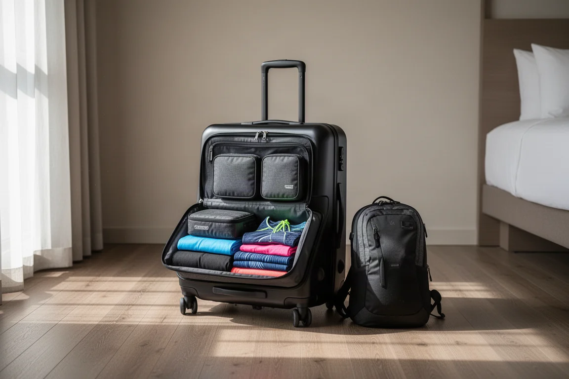 Sac de voyage à roulettes et cubes de rangement disposés au sol d'un hôtel avant un départ