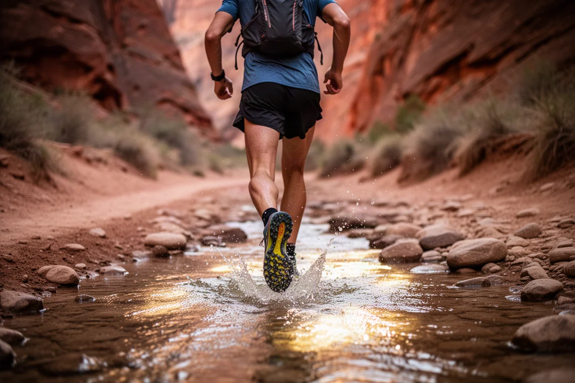Traileur traversant un ruisseau peu profond sur un sentier poussiéreux de canyon
