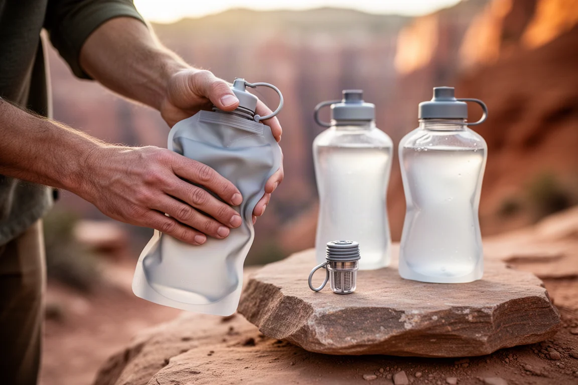 Coureur versant de l'eau d'un soft flask dans un embout de filtre sur un sentier ensoleillé