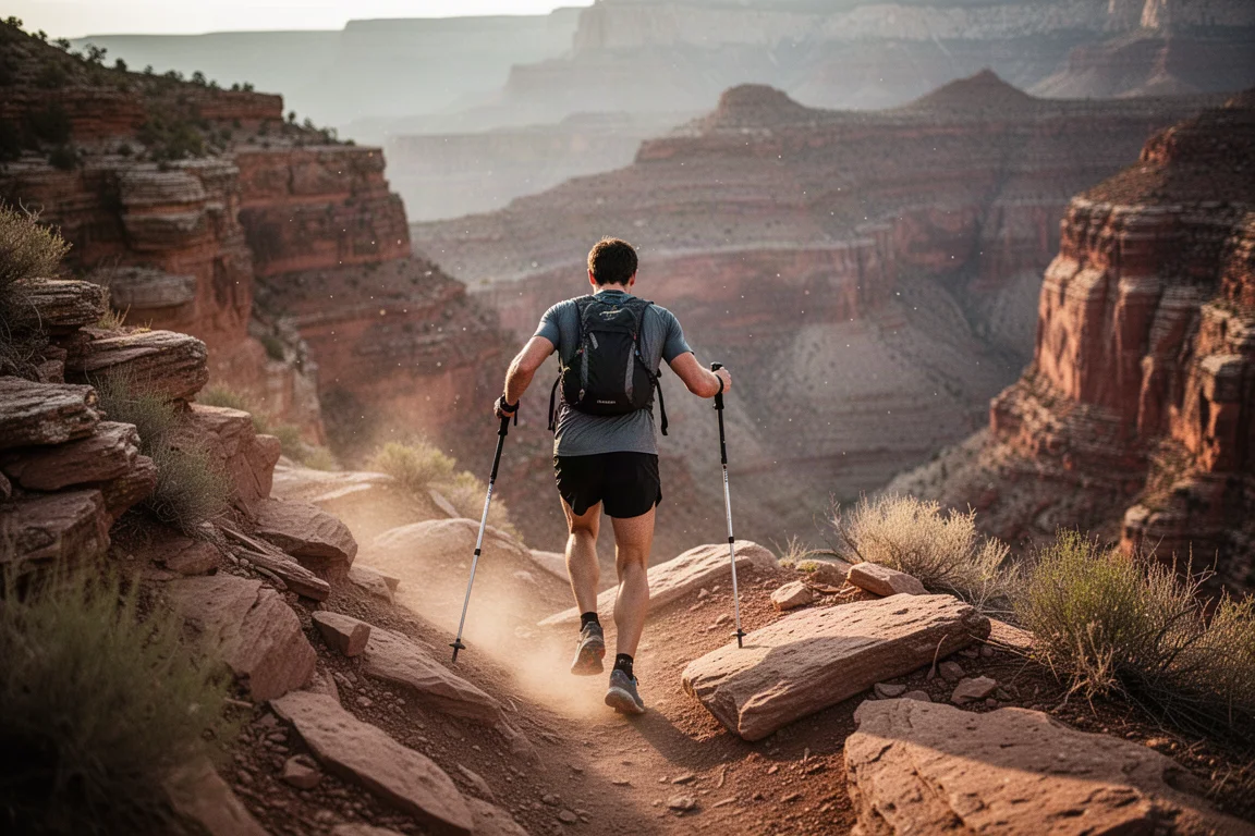 Traileur utilisant deux bâtons de trail dans une ascension rocheuse raide du canyon