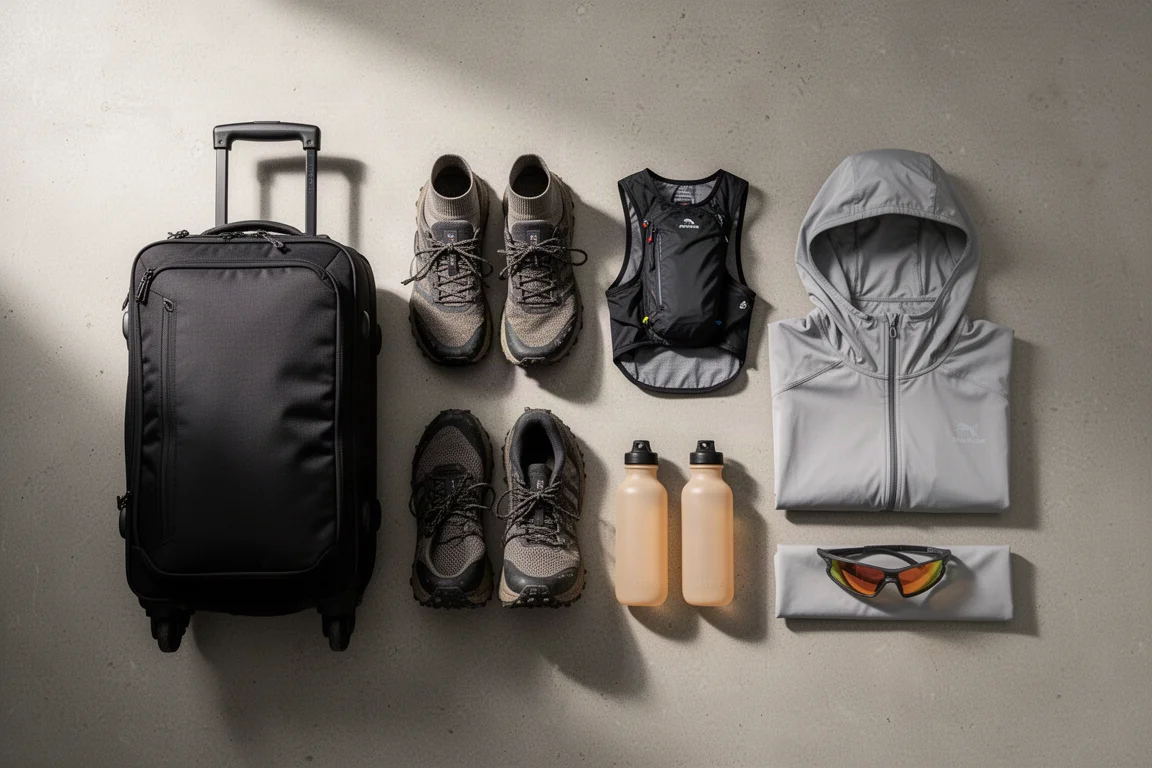 Trail running gear laid out flat including a travel bag, trail shoes, running pack, flasks, hoodie, and sunglasses
