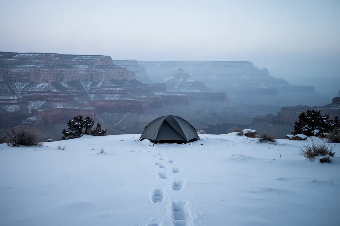 Campeggio sul bordo del canyon innevato all'ora blu con la sagoma bassa di una tenda