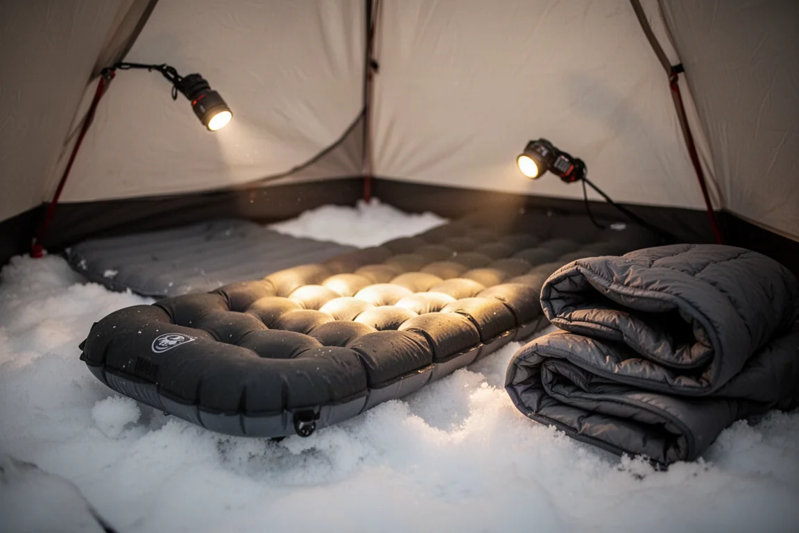 Materassino gonfiabile sulla neve battuta dentro una tenda sotto la luce della frontale