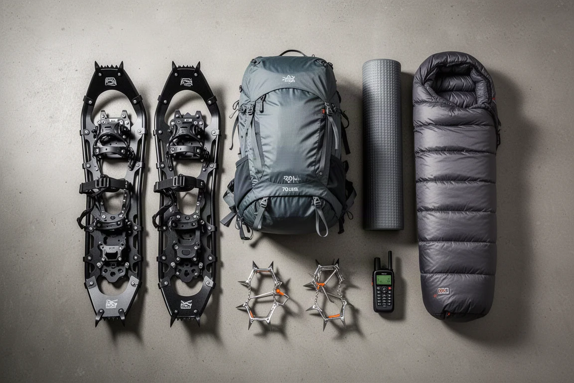 Overhead flat-lay of winter backpacking gear including snowshoes, pack and sleeping pad
