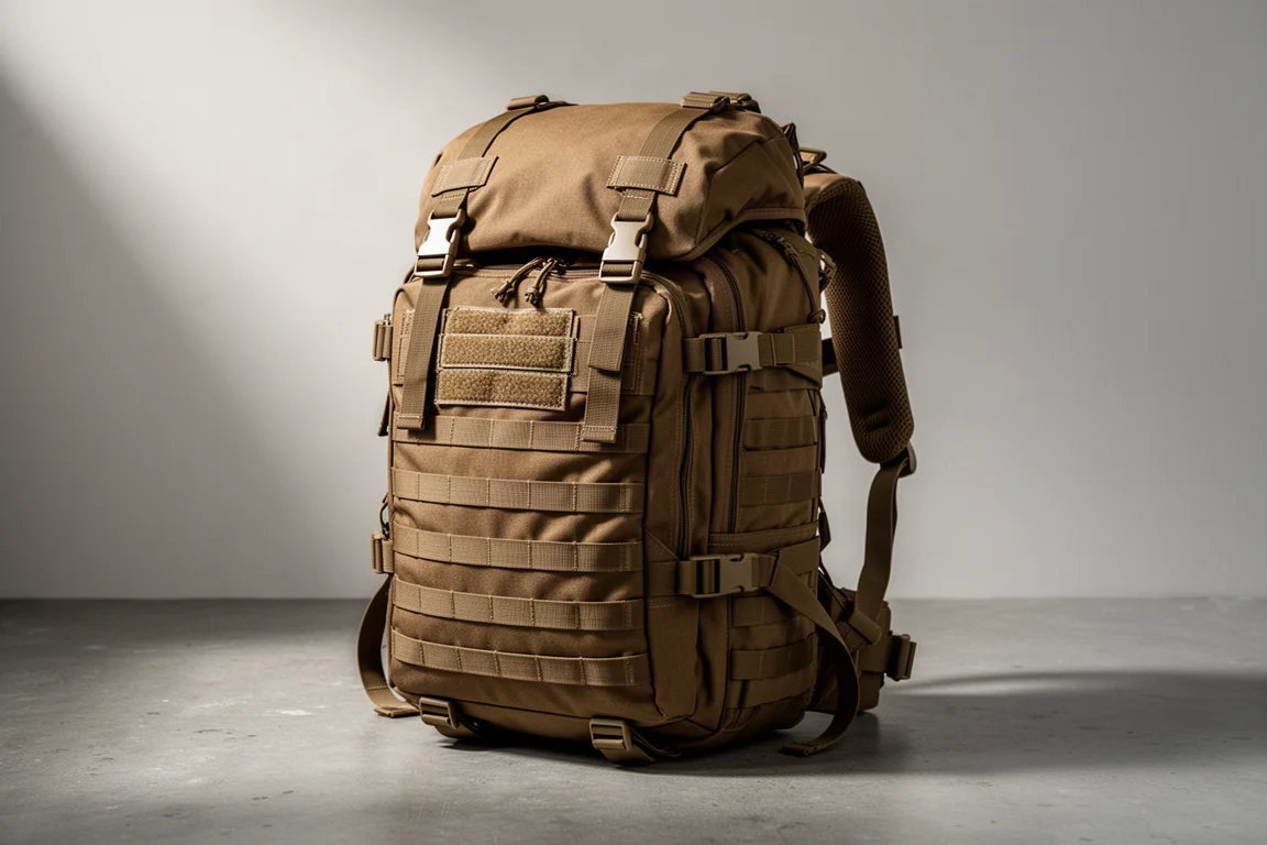Large olive drab military surplus rucksack standing upright on a concrete floor