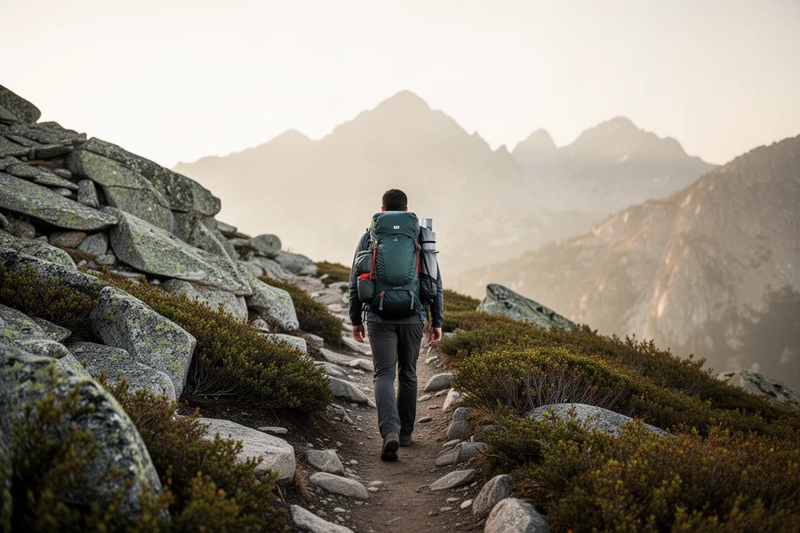 Hiker walking away along a rocky alpine ridge trail with a loaded backpack