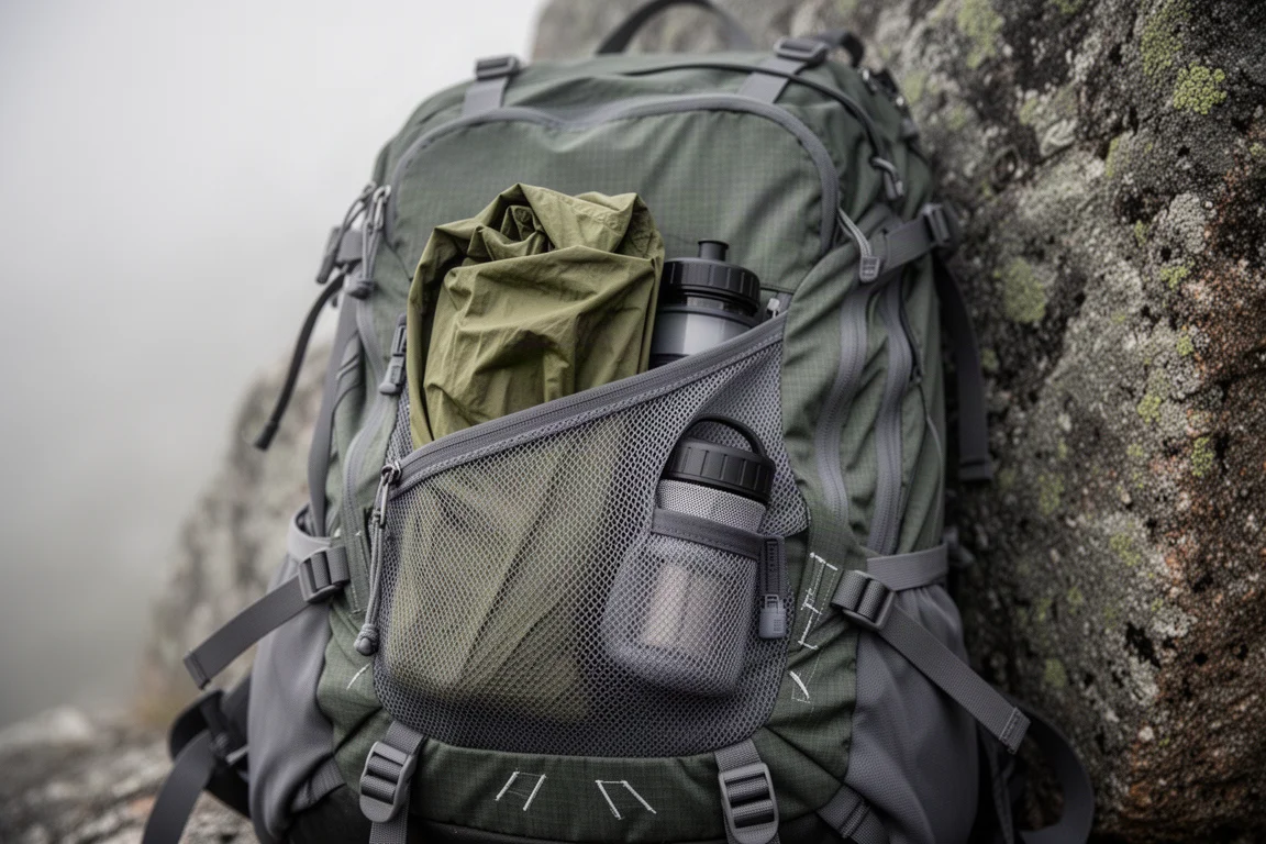 Close-up of a hiking backpack's stretchy front mesh pocket holding gear