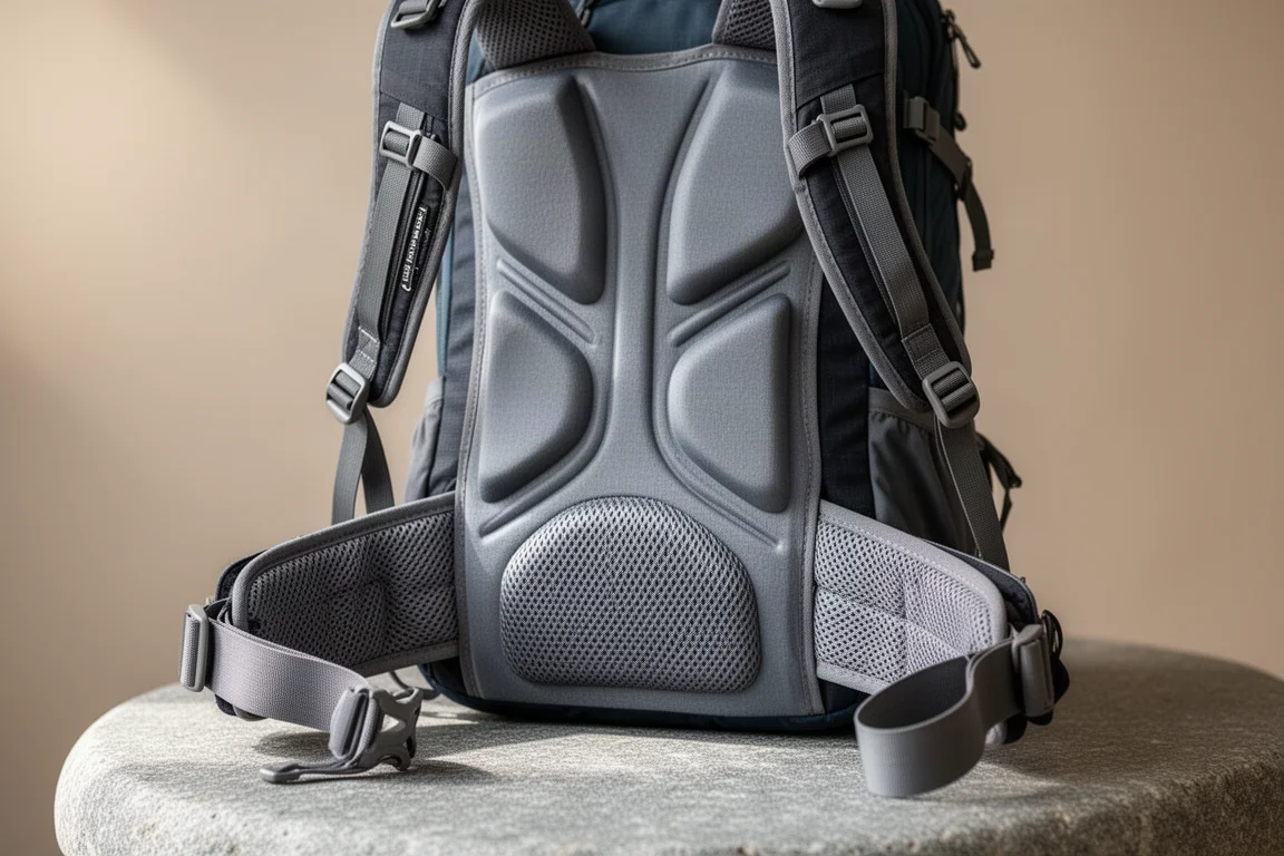 Ventilated back panel of a hiking pack resting on stone in soft light