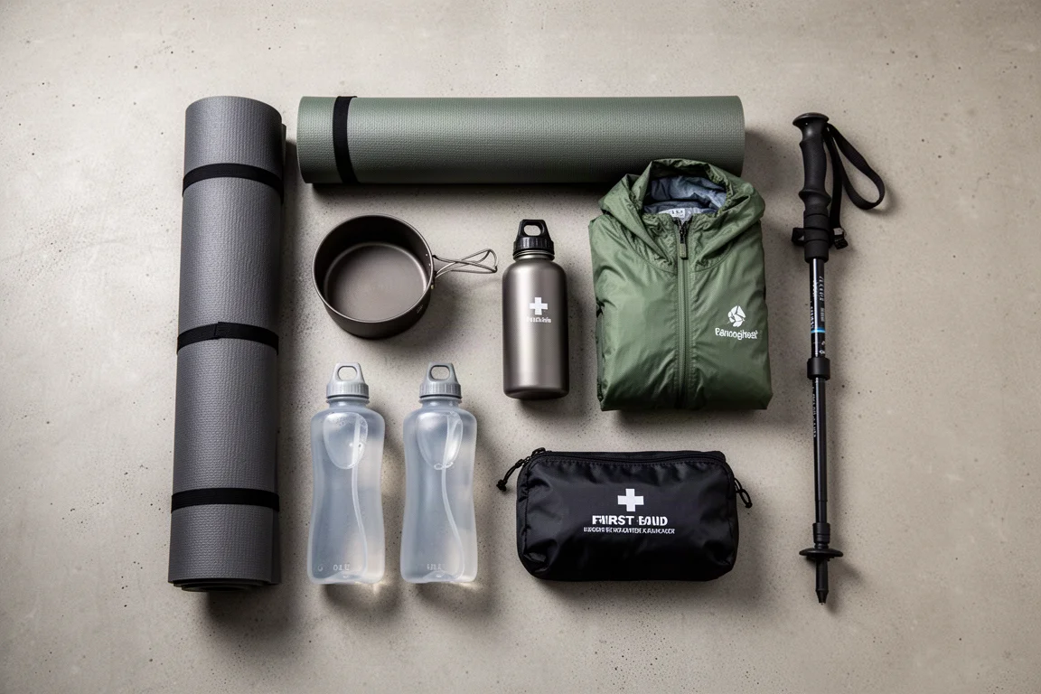 Flat lay of ultralight backpacking gear on a concrete surface