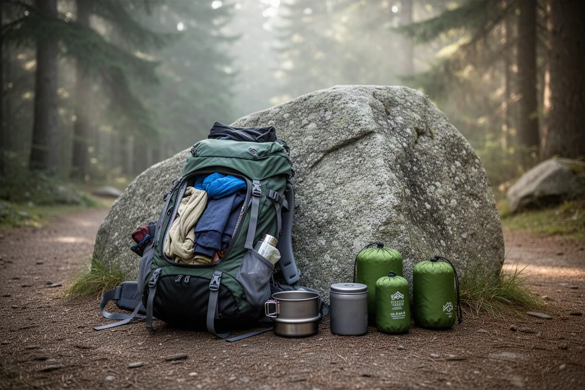 Stuff sacks de náilon empilhados e amarrados dentro de uma mochila aberta no chão da floresta