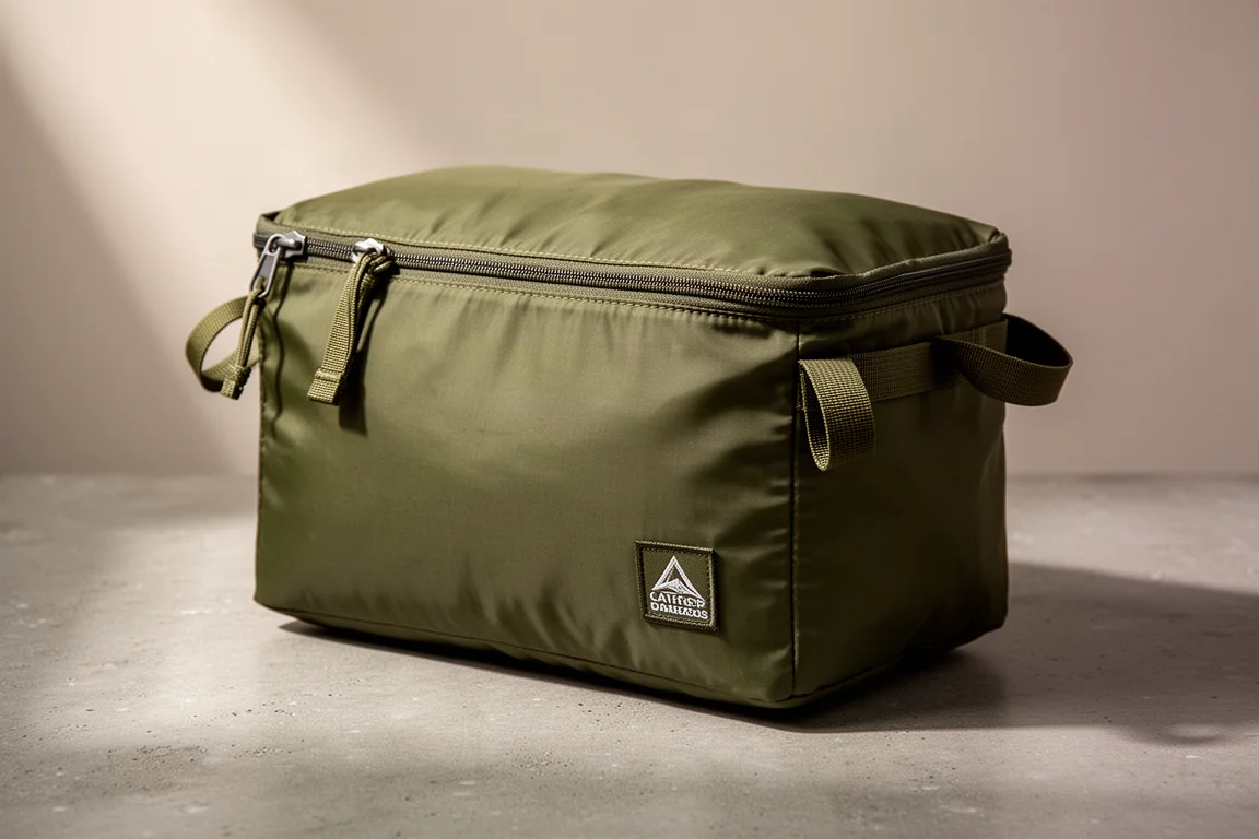 マットなコンクリート面に置かれたオリーブグリーンの Granite Gear Zip Sack スタッフサック