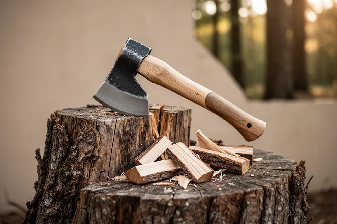 Splitting hatchet resting on a wood stump beside split kindling pieces
