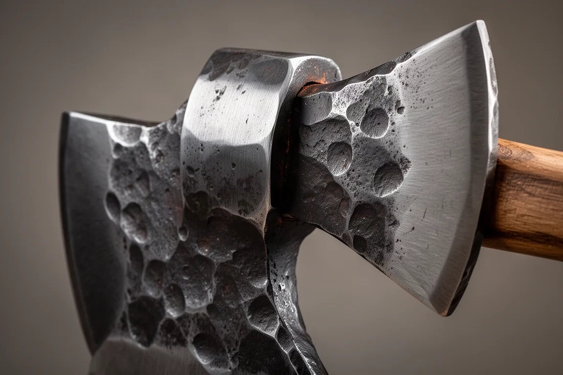 Close-up of a hatchet head showing thick convex cheek and steel collar