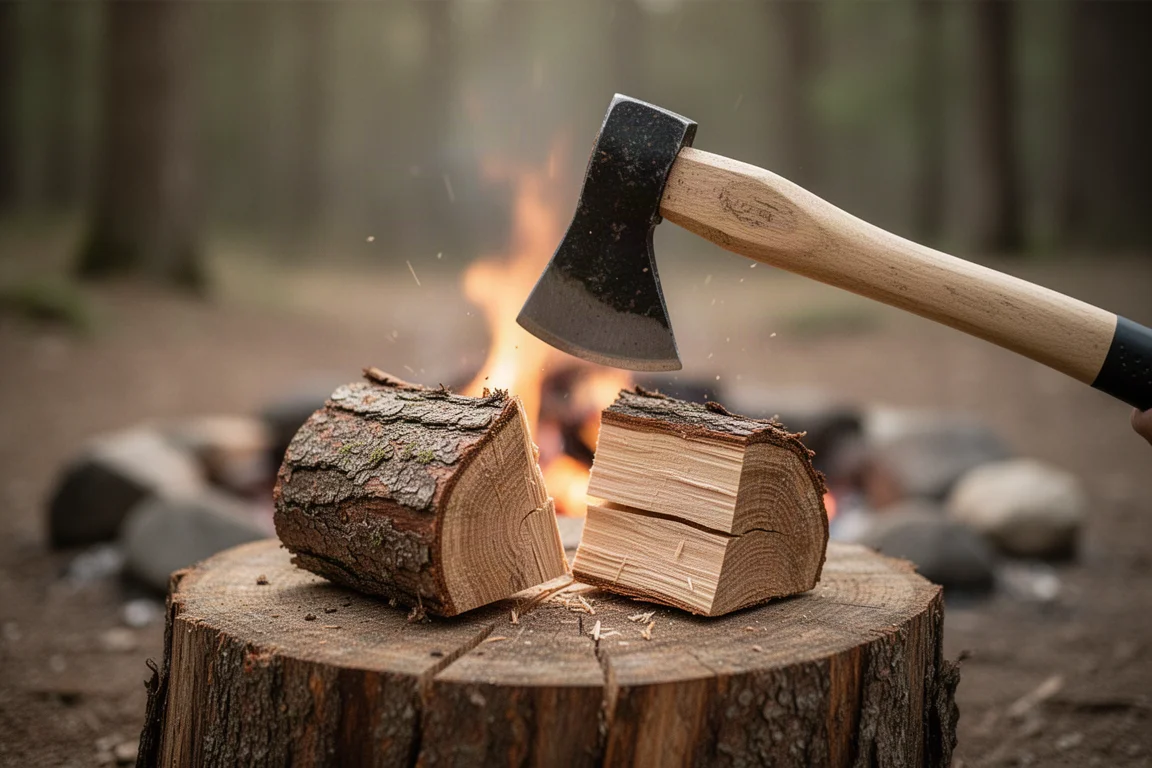 Hatchet splitting a small smooth piece of firewood into kindling