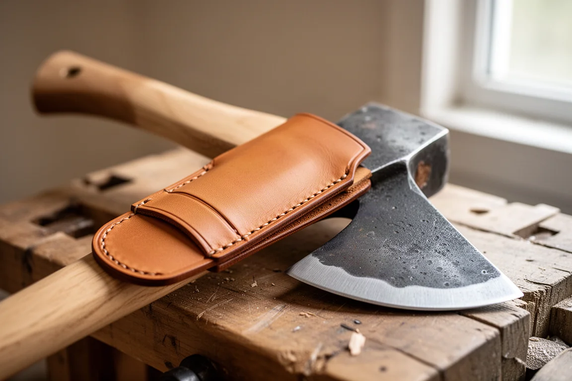 Vegetable-tanned leather blade cover fitted over a hatchet edge