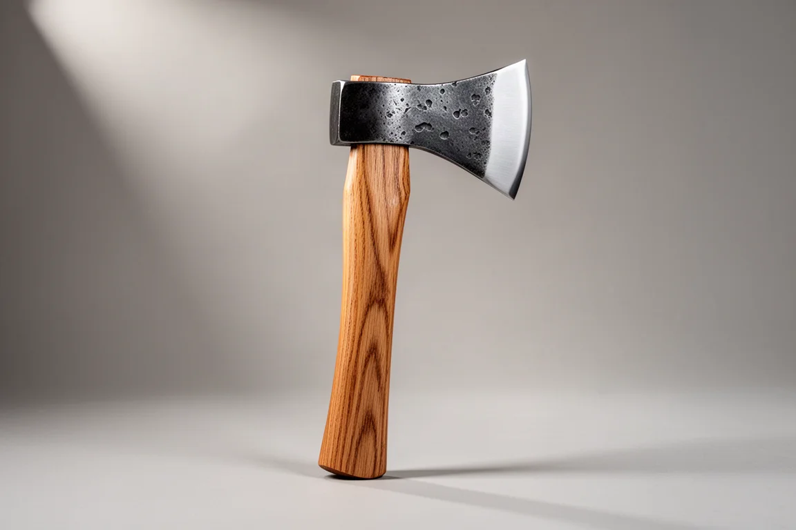 Hand-forged splitting hatchet with leather blade cover on a wooden chopping block