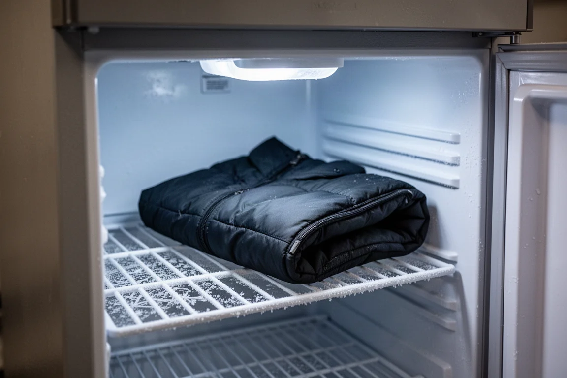 Interieur van een bevroren bierkoelkast met rijp en koud blauw licht