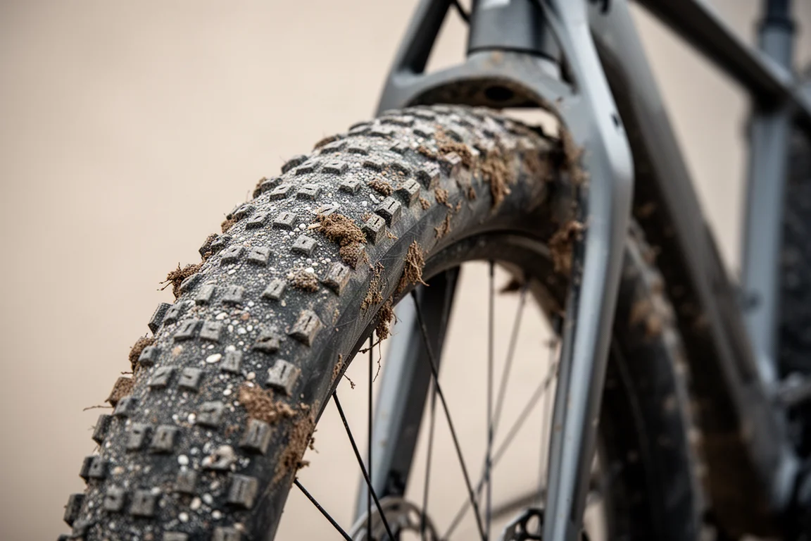 Neumático gravel ancho con tacos montado en un cuadro con holgura visible y barro seco