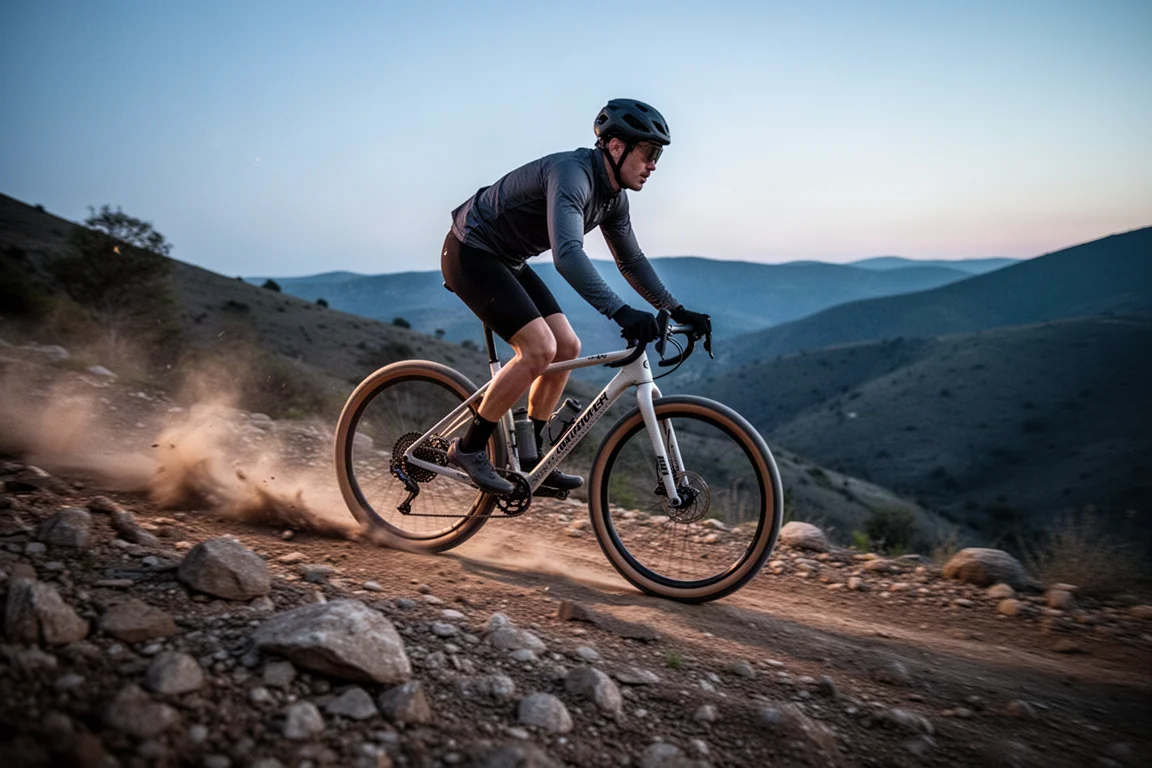 Ciclista descendiendo por un sendero gravel pedregoso al atardecer con centro de gravedad bajo