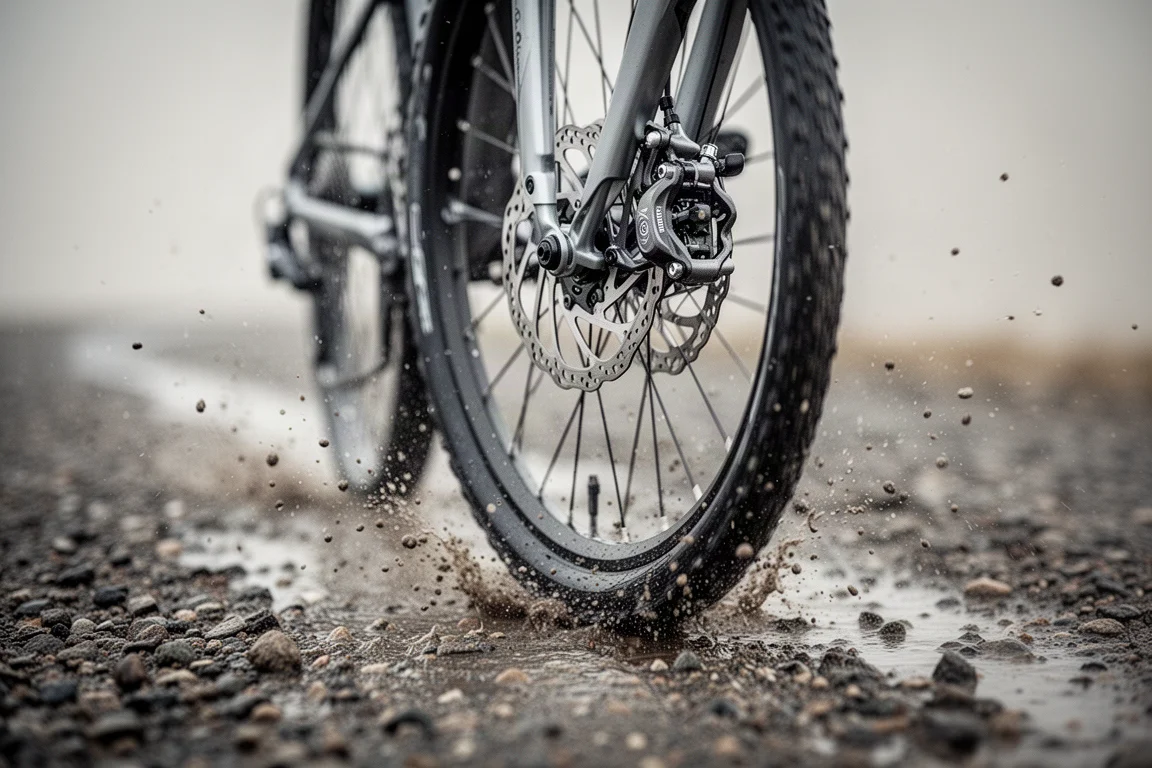 Disco y pinza de freno en un camino gravel mojado con salpicaduras de agua