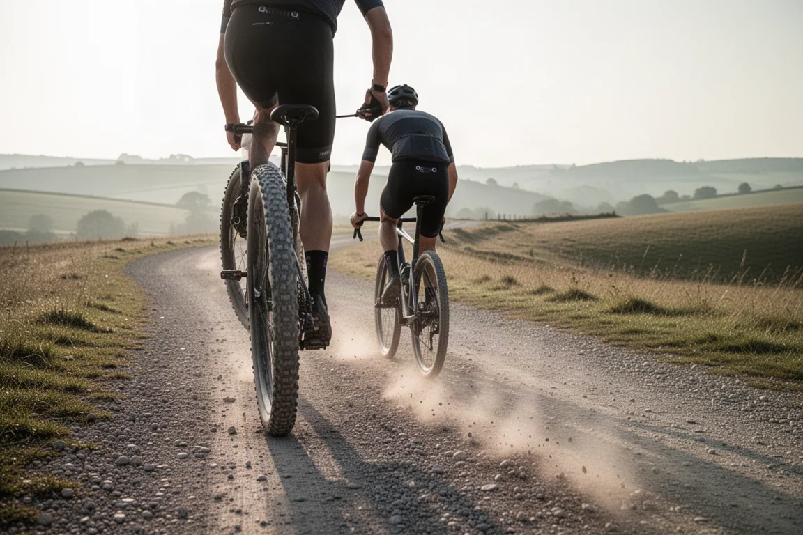 Gravelfahrer auf einer losen Schotterpiste mit breiten Stollenreifen