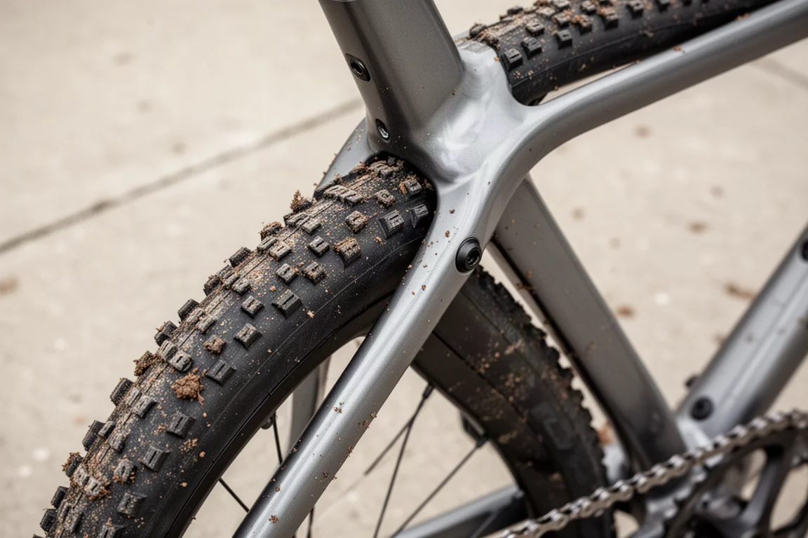 Nahaufnahme eines Stollenreifens für Cyclocross, eng im Hinterbau montiert