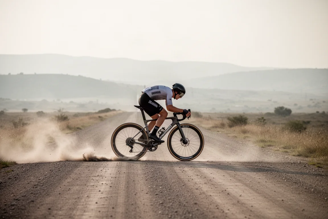 Gravel-Rennfahrer in tiefer aerodynamischer Position auf schneller staubiger Abfahrt