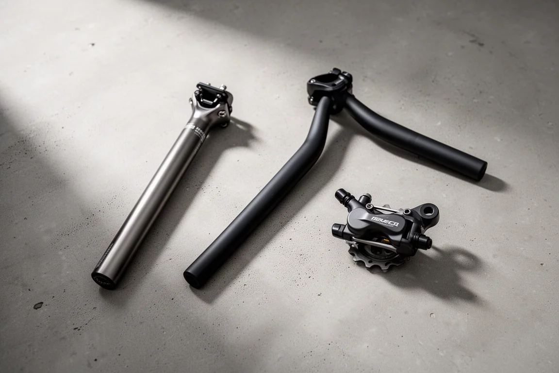 Flachaufnahme von Cockpit und Bremsenteilen eines Gravelbikes auf Beton