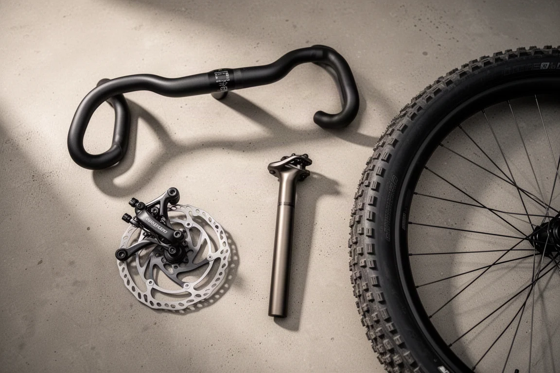 Gravel bike components arranged on concrete: handlebar, disc brake caliper, seatpost and wide tire